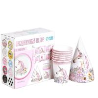 Набор бумажной посуды Единорог с цветами 6 тарелок 1 гирлянда  6 стаканов 6 колпаков 