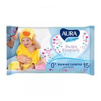 Влажные салфетки AURA, для детей Ultra comfort, 15 шт 