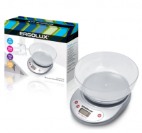 Весы кухонные ERGOLUX ELX-SK05-C03 серые до 5кг 22х18см со съемной чашей 2xAAA 6358 
