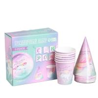 Набор бумажной посуды Волшебного дня рождения единорог 6 тарелок 6 стаканов 6 колпако 