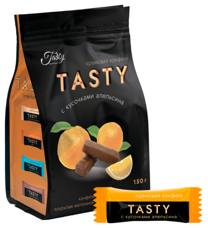 Конфеты Tasty кремовая с кусочками апельсина в молочной шоколадной глазури европакет 150г 