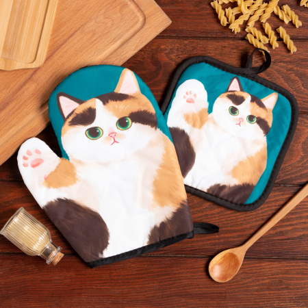 Кух. набор 2 пр. Доляна Котики прих. 17*17 см, вареж. 24*18 см,100% п/э в ассортименте 